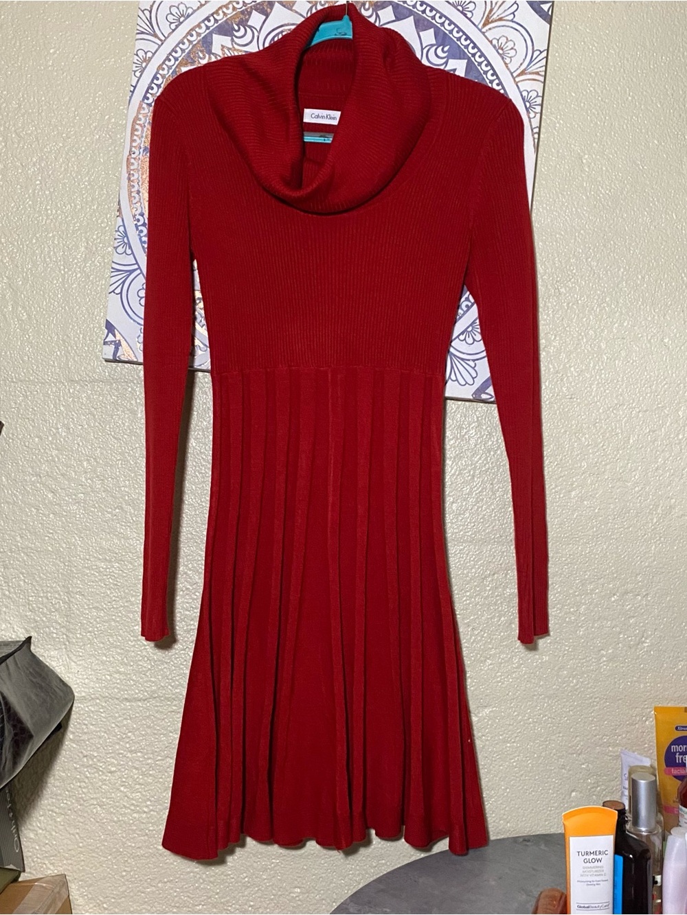 Calvin Klein Crimson Red Cowl-Neck Long Sleeve Knit Dress